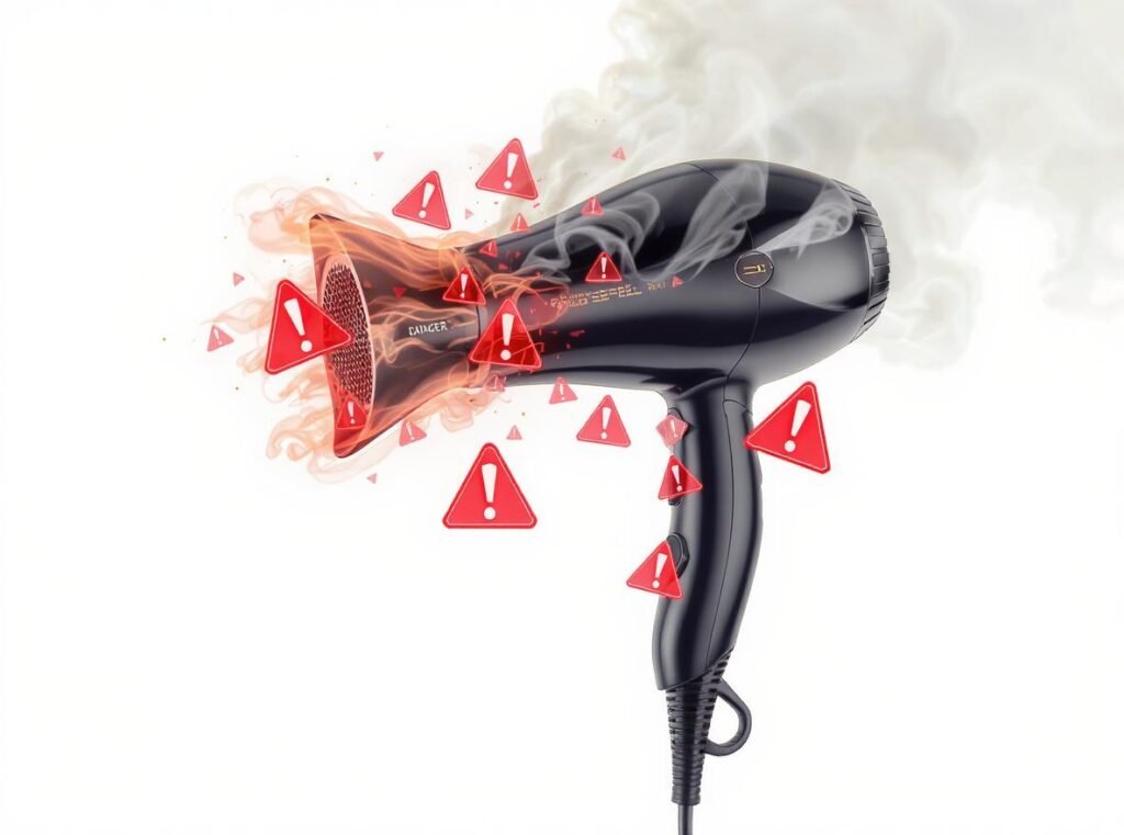 Overheating hair dryer with smoke showing dangers of dirty filter