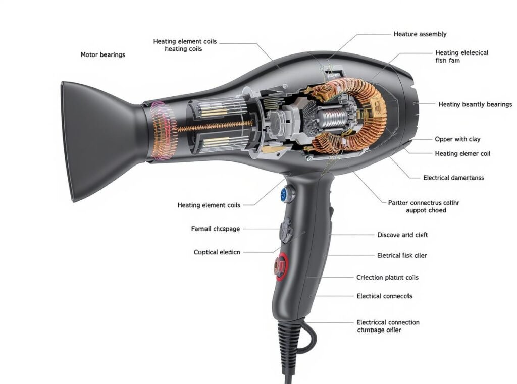 Hair dryer internal components diagram showing motor bearings heating elements and electrical connections
