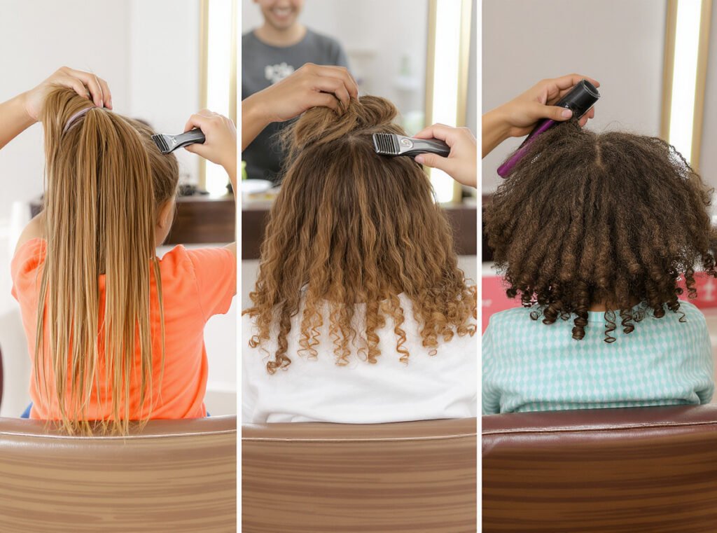 Different children's hair types requiring customized drying approaches