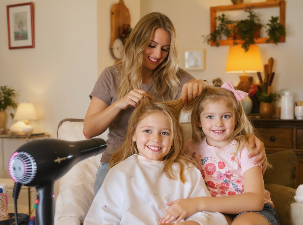 Happy family after successful stress-free child hair styling session