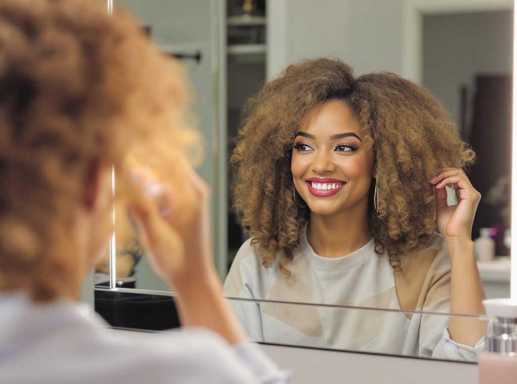 Woman with successfully diffused curly hair showing professional results at home