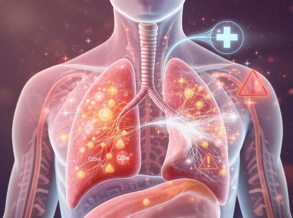 Medical diagram showing respiratory health risks from ozone hair dryer exposure