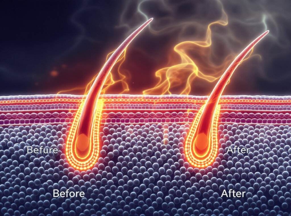 Hair cuticle structure showing effects of heat styling on dry hair strands