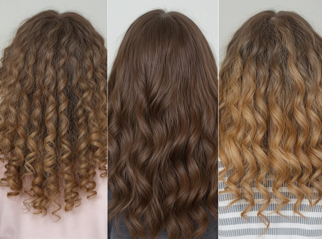 Different hair curl types showing tight curls, loose waves, and natural volume results