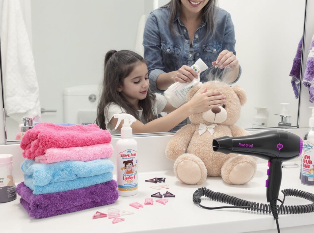 Hair care preparation setup with child-friendly tools and demonstration
