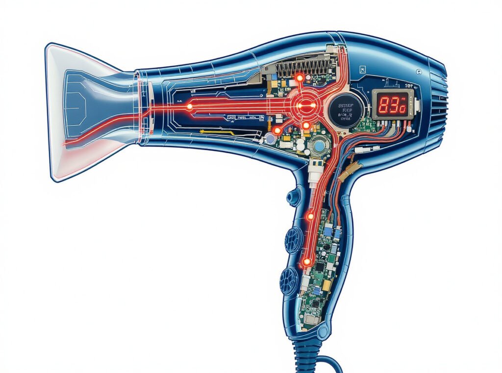 Technical diagram showing thermal protection sensors and circuits inside premium hair dryer