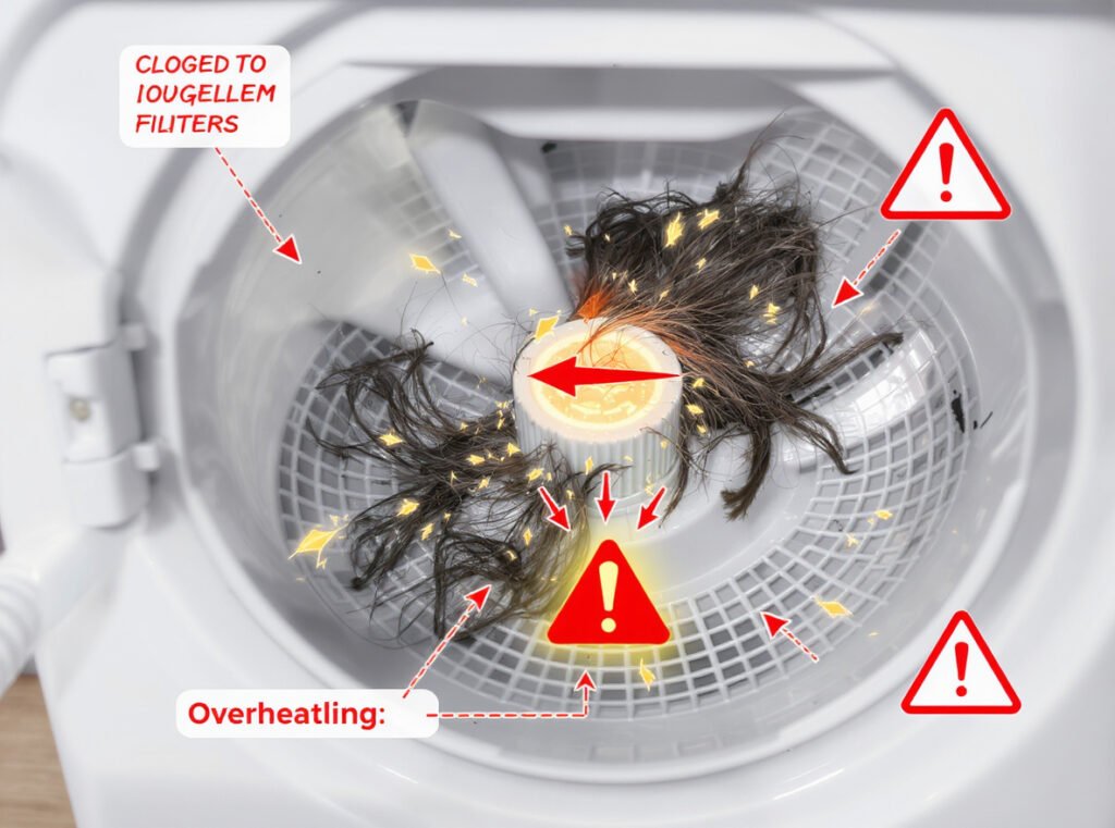 Hair dryer motor failure causes clogged filter overheating damage