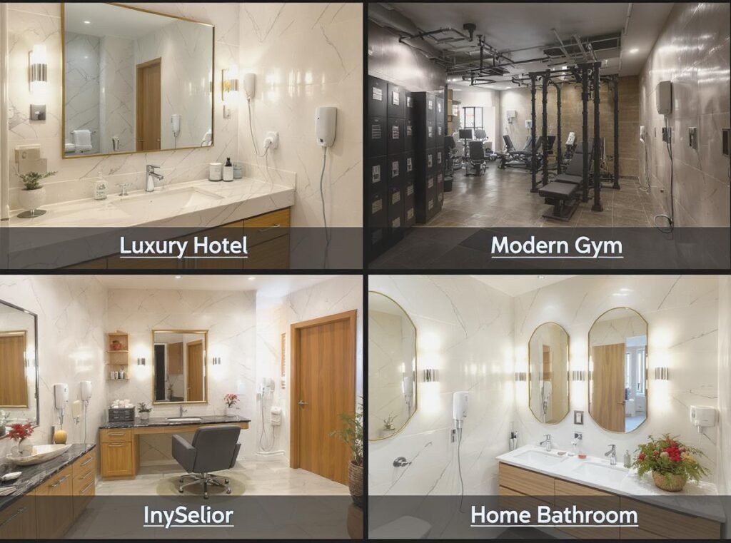 Industries using wall-mounted hair dryers - hotels, gyms, salons, homes