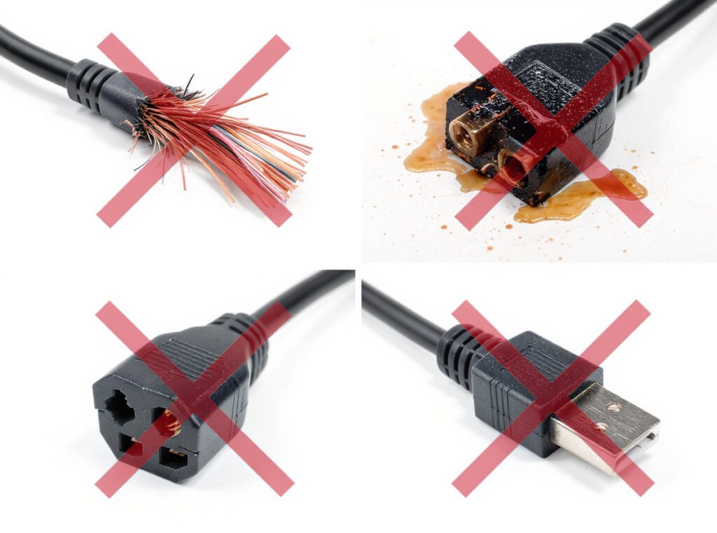 Four types of dangerous hair dryer cord damage including frayed wires, burns, loose plugs, and cuts