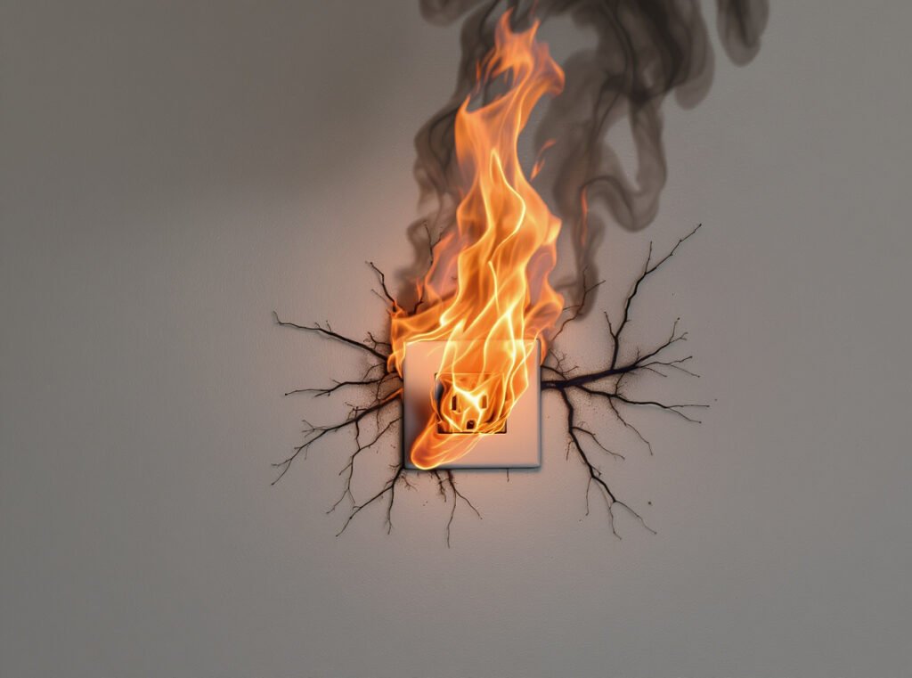 House fire danger from overheating hair dryer plug showing fire hazard risks