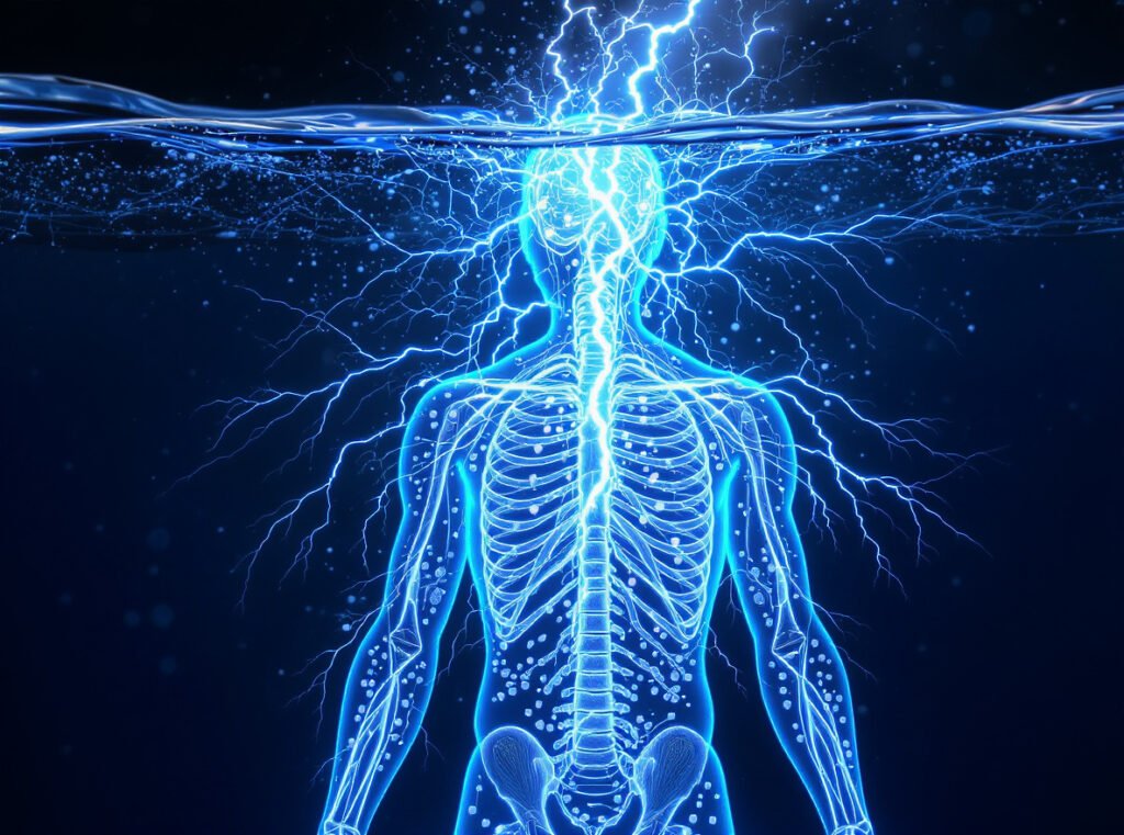 Water electricity conduction showing human body electrical shock pathway dangers