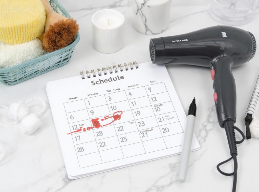 Hair dryer maintenance schedule calendar showing monthly cleaning routine