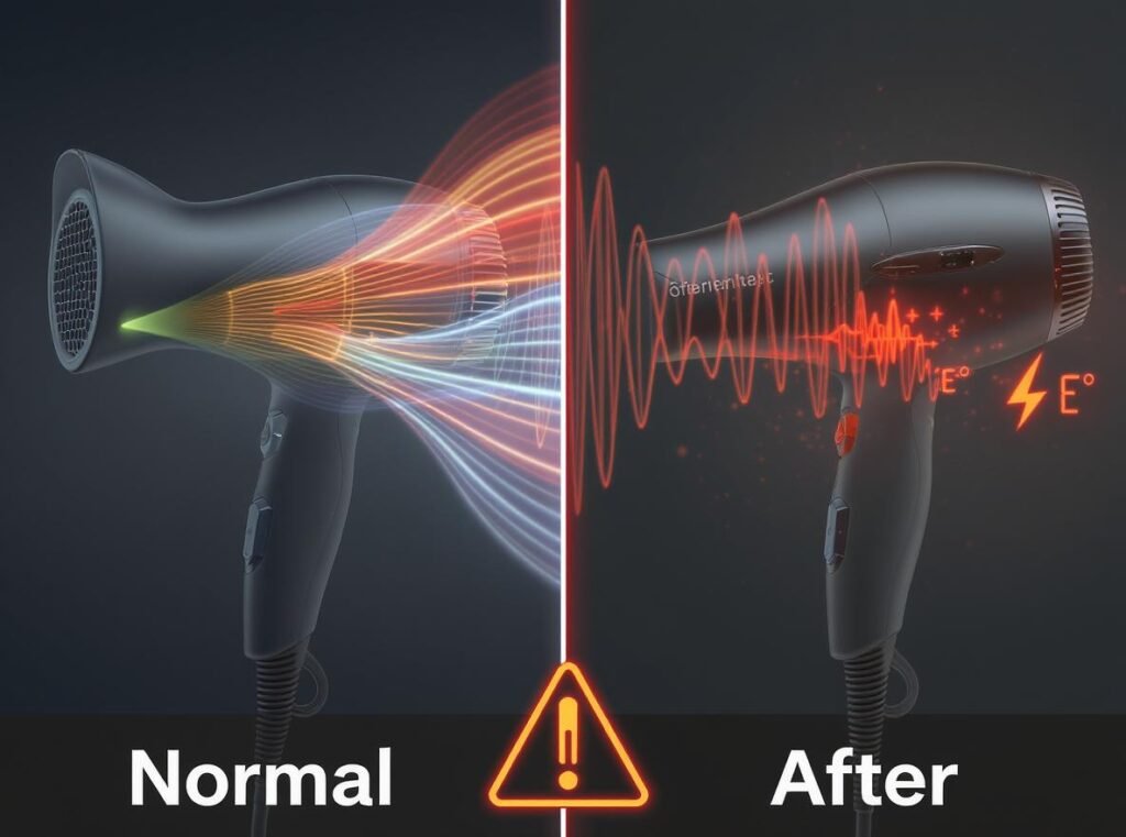 Comparison showing normal versus damaged hair dryer performance indicators and warning signs