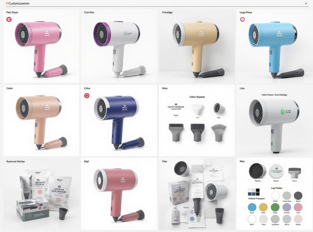 Private label pet dryer customization options showing colors, branding, and packaging variations