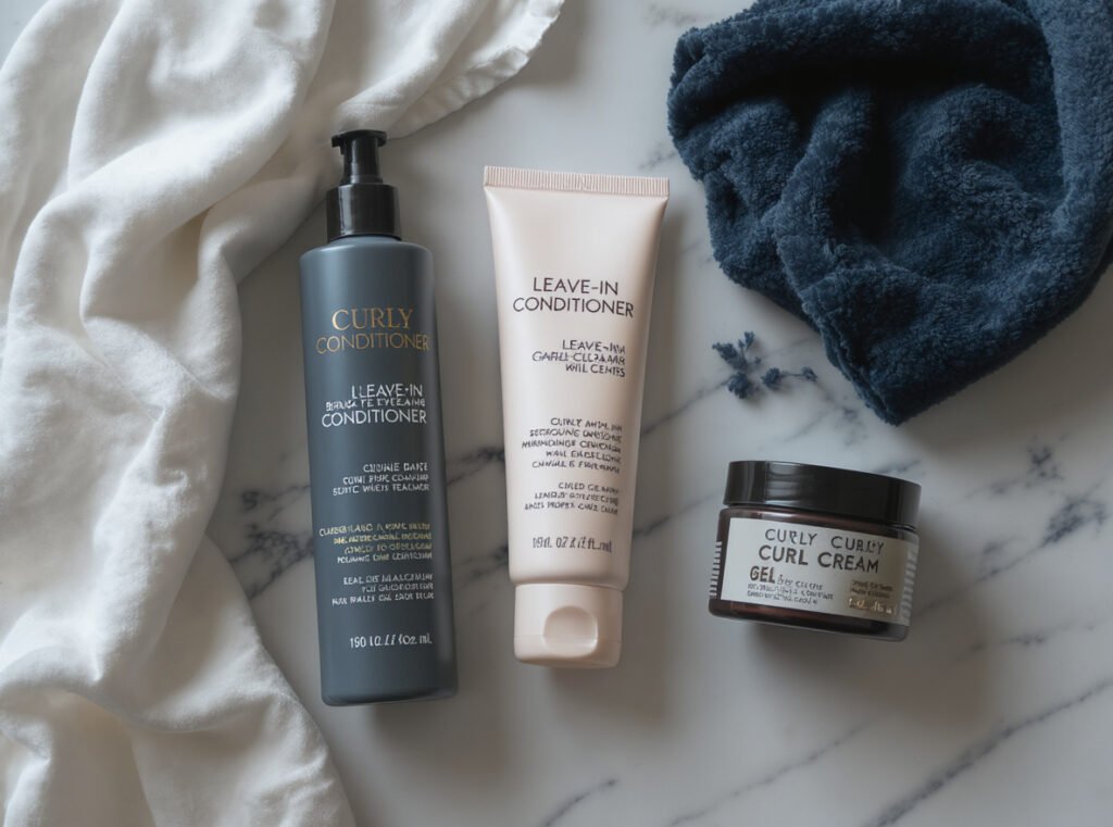Curly hair preparation products for diffusing including leave-in conditioner and curl cream