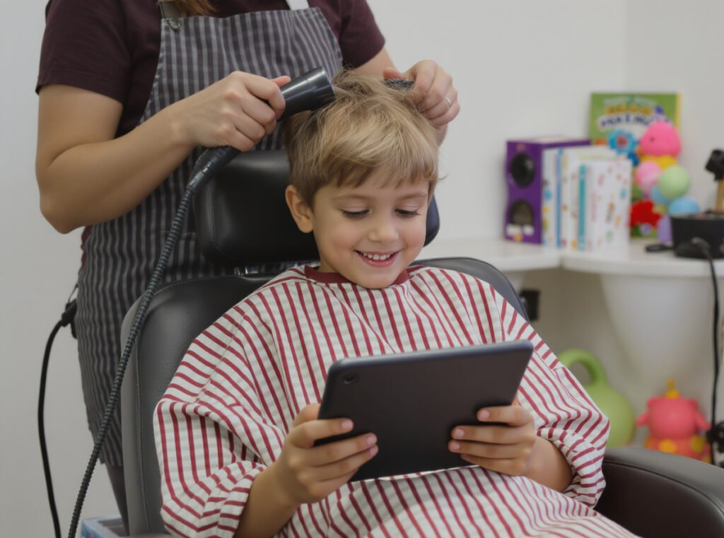 Child using tablet distraction while getting hair dried in salon chair