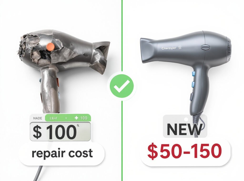 Cost comparison between hair dryer cord repair versus buying new hair dryer showing replacement is more cost-effective