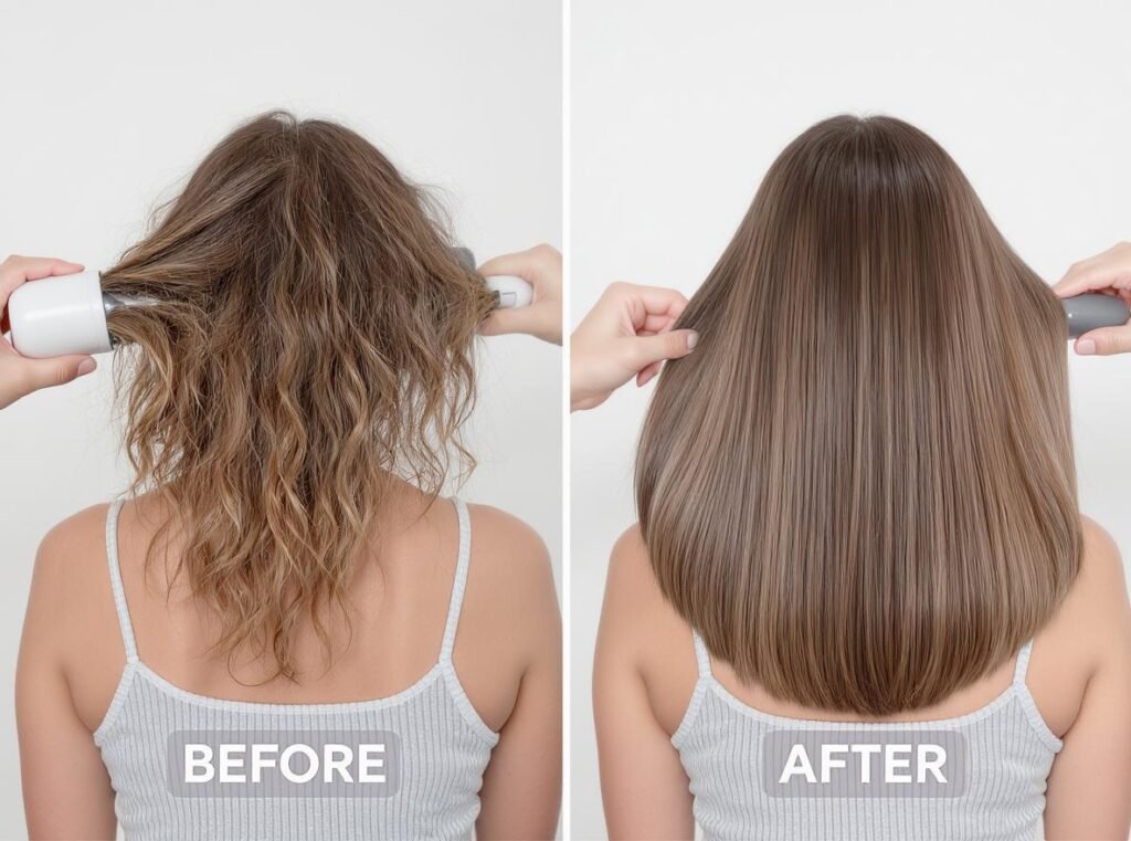 Before and after results showing advantages of wide nozzle hair dryers for faster drying