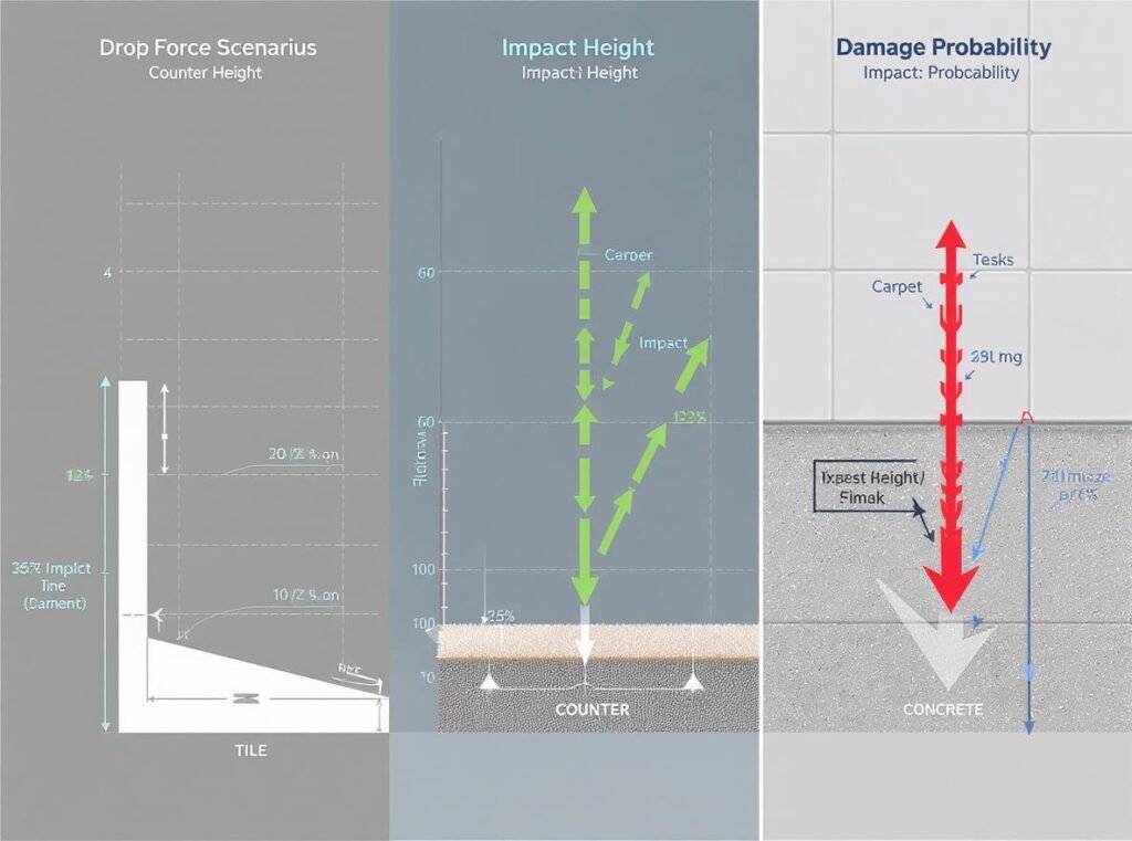 Drop damage severity chart showing height impact surfaces and damage probability percentages