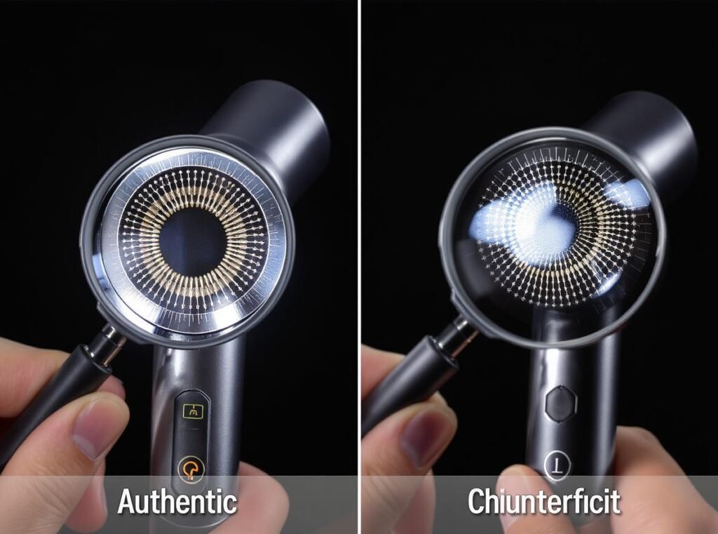 Physical features examination of genuine professional hair dryers showing build quality differences