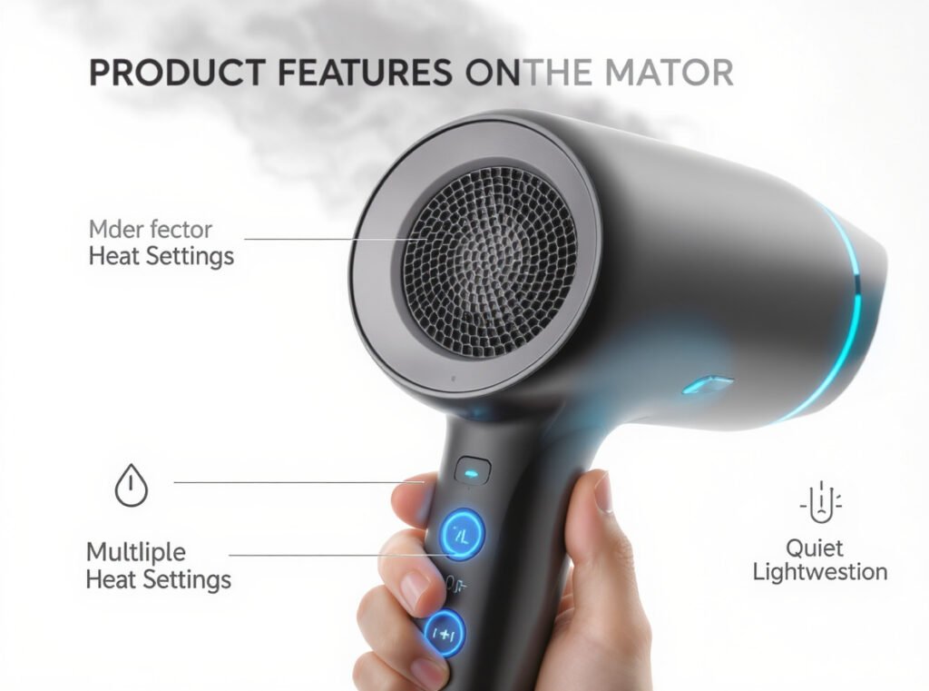 Professional child-friendly hair dryer showing quiet operation and safety features