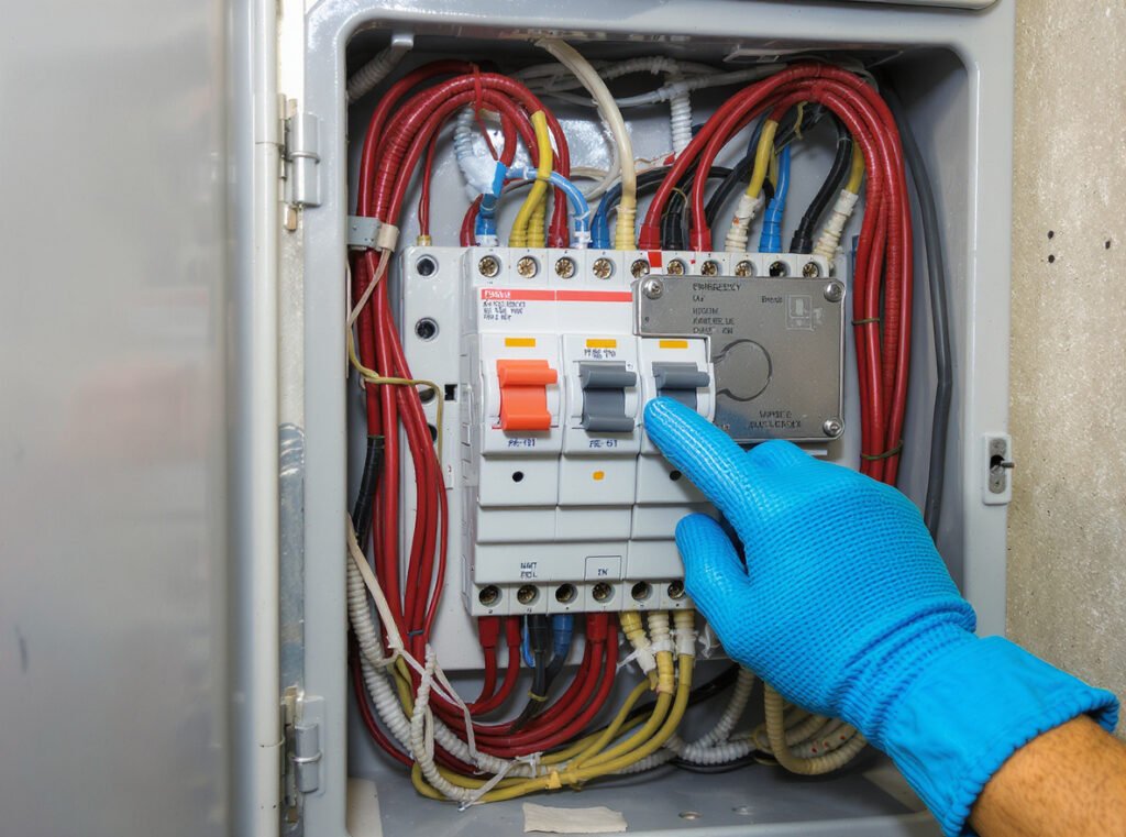 Emergency steps showing circuit breaker shutdown for hot electrical outlets