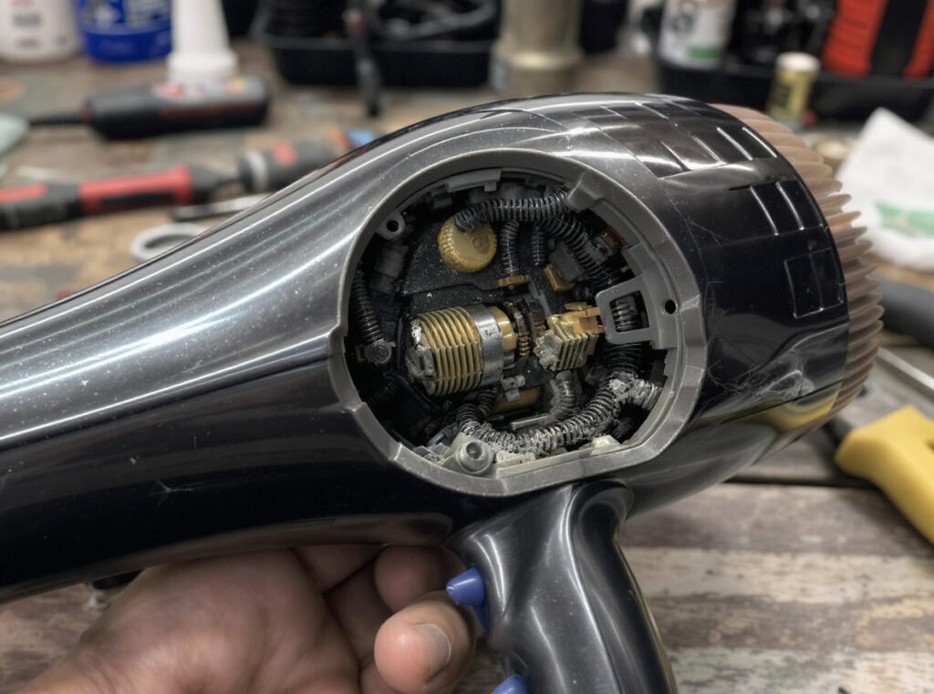 Water damaged hair dryer showing internal corrosion requiring professional replacement