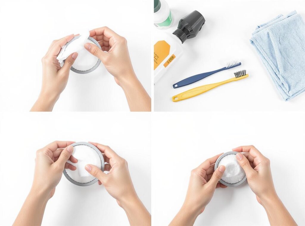Step-by-step hair dryer filter cleaning process with tools and hands demonstration