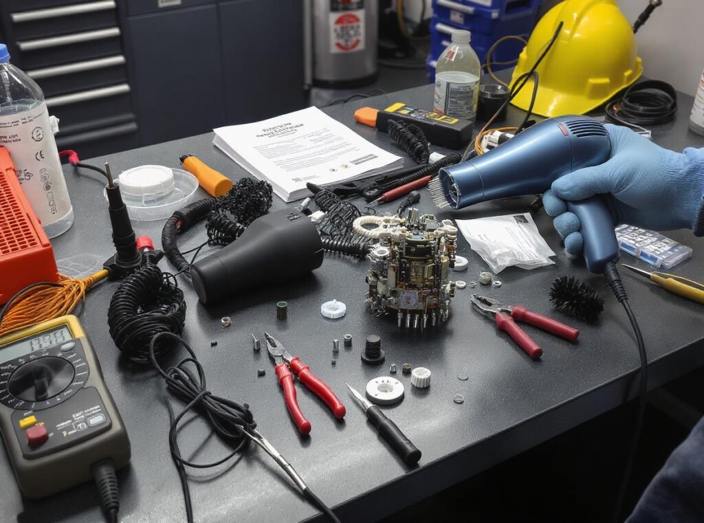 Professional hair dryer repair assessment with technician tools and replacement components