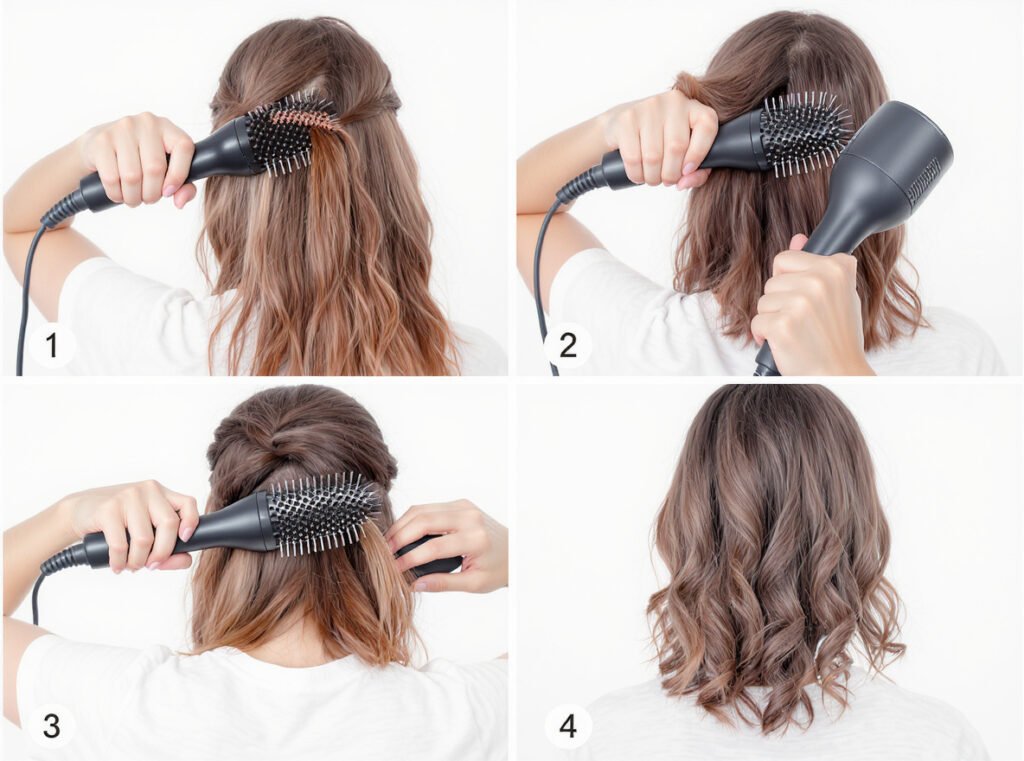 Step-by-step round brush curling technique demonstration showing proper method