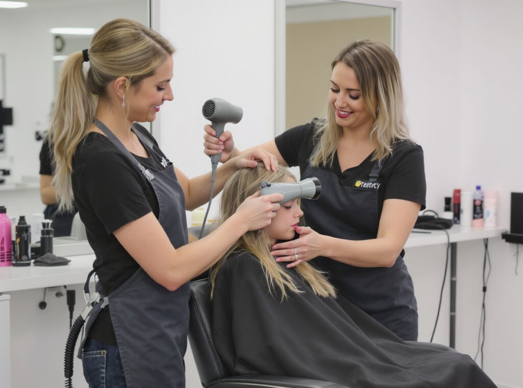 Professional stylist showing correct positioning for child hair drying comfort