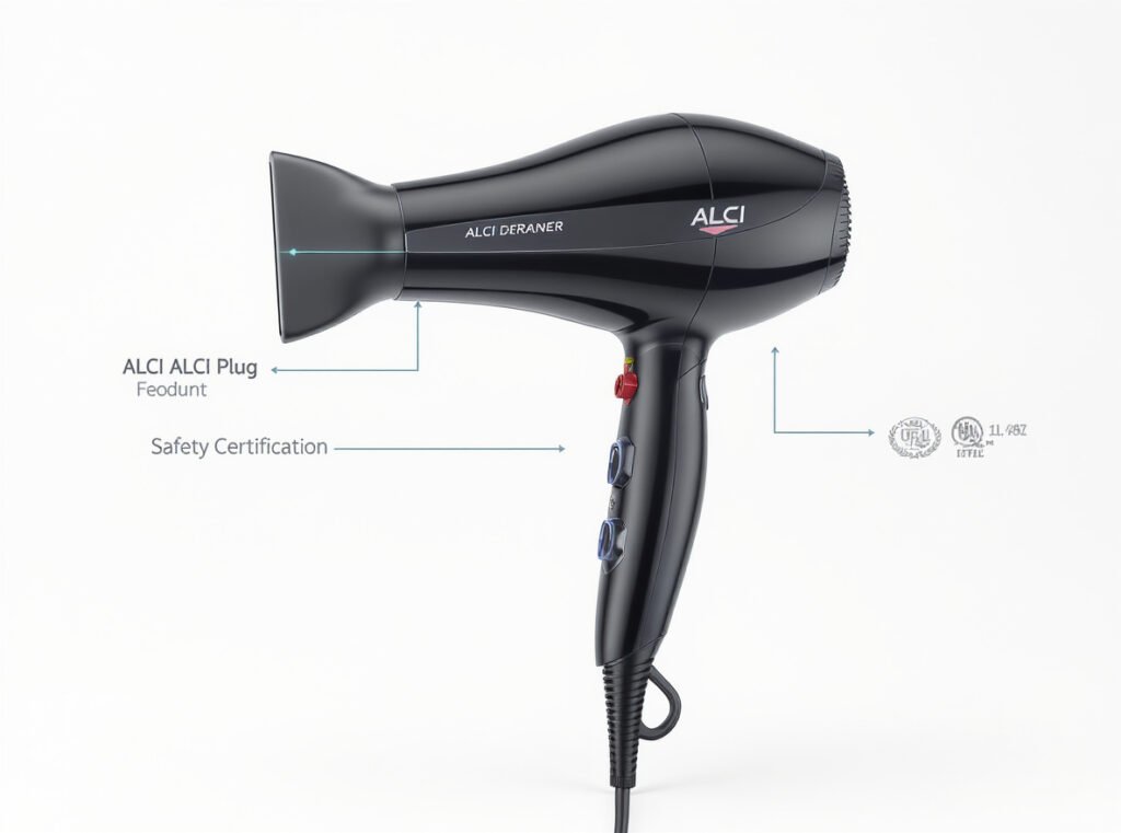 Professional hair dryer with ALCI safety plug and safety certifications for maximum electrical protection