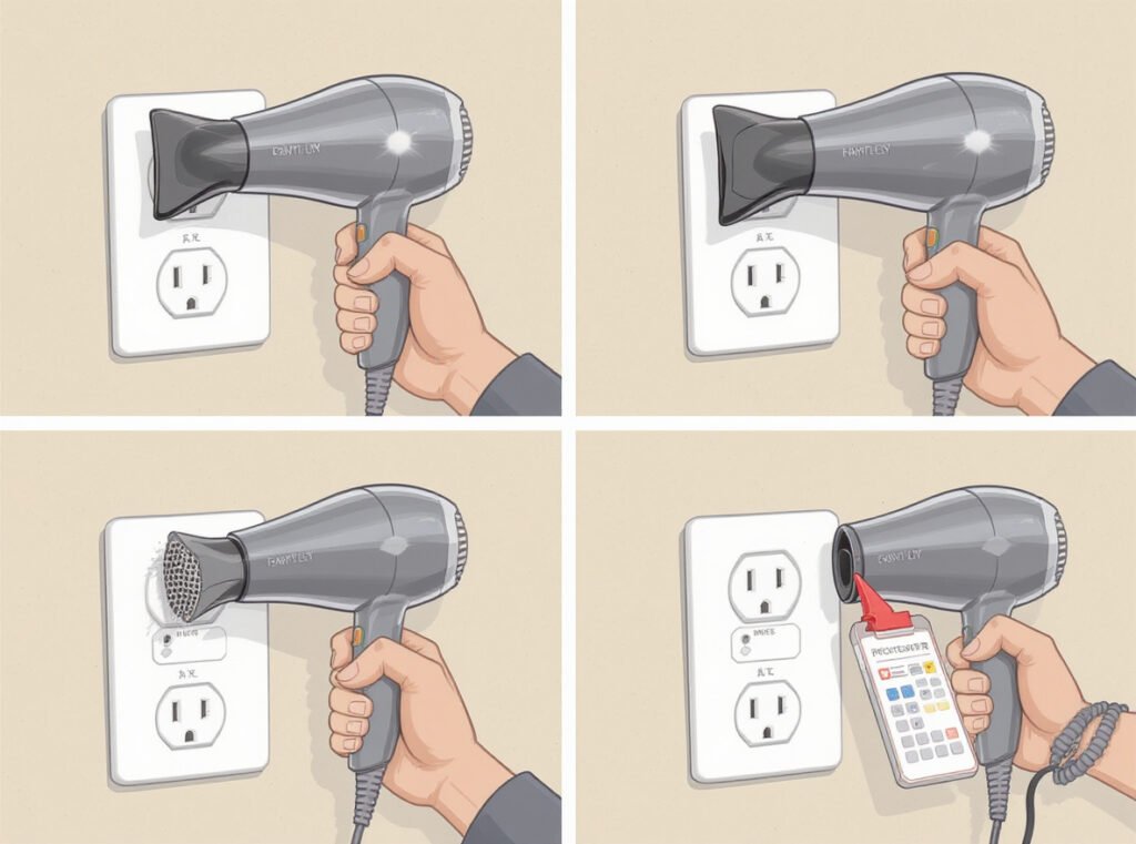 Safe hair dryer testing procedure after plug overheating incident