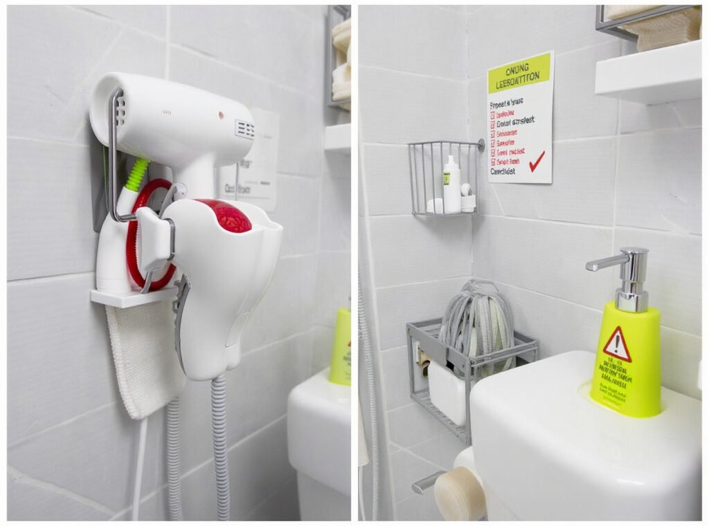Proper hair dryer bathroom storage preventing water accidents with safety organization