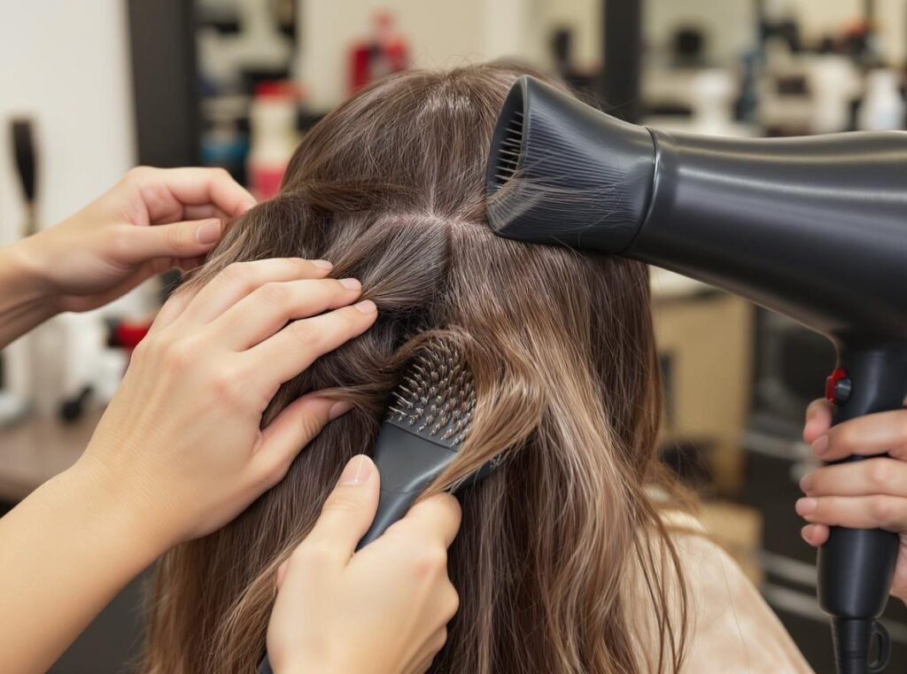 Professional blow-drying technique showing proper hair sectioning for keratin-treated hair