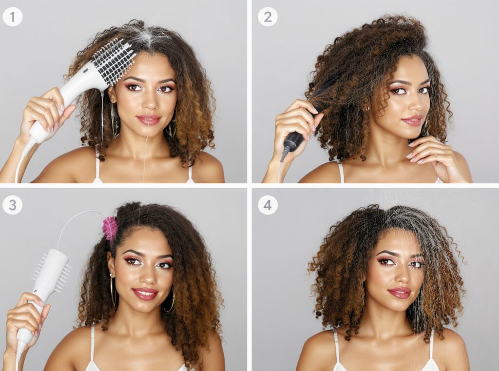 Step-by-step diffusing process showing curly hair transformation stages