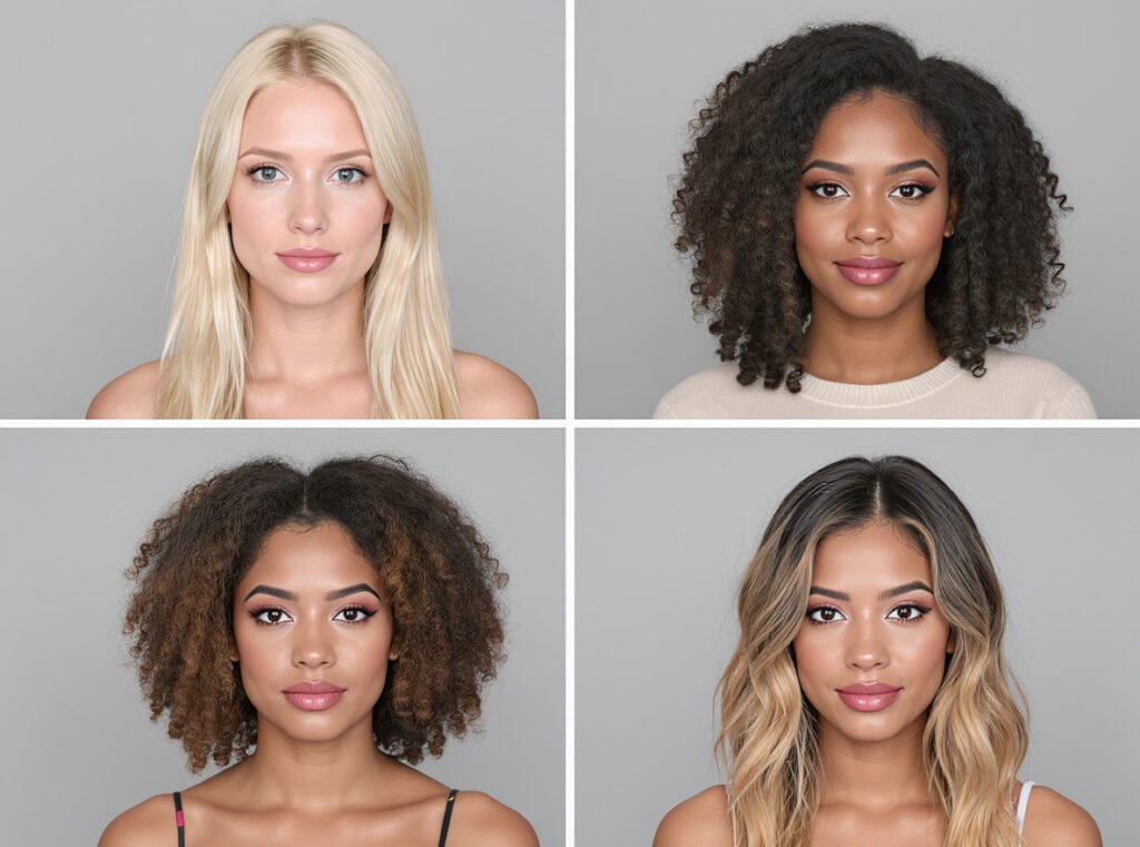 Different hair types showing styling results with round brush and curling iron methods