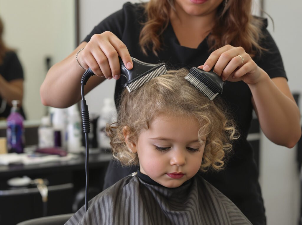 Professional stylist using systematic sectioning technique on child's hair