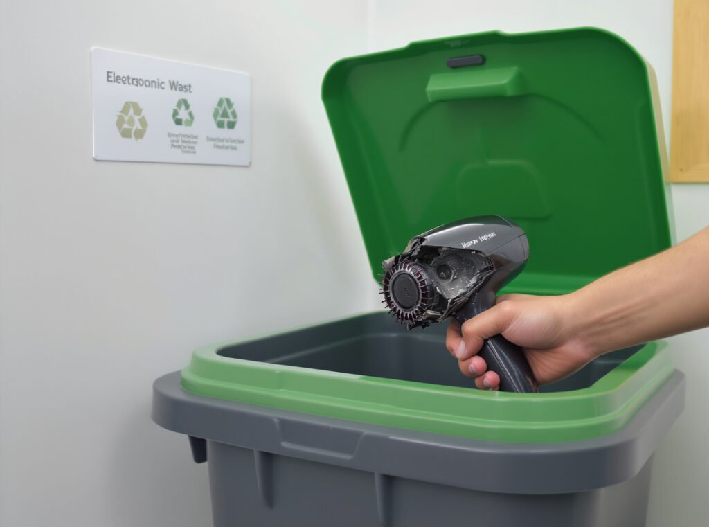Proper electronic waste disposal of damaged hair dryer at recycling center for environmental protection