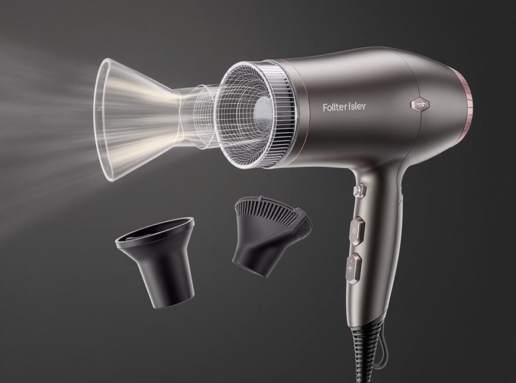 Modern hair dryer with easy-clean removable filter system and user-friendly design