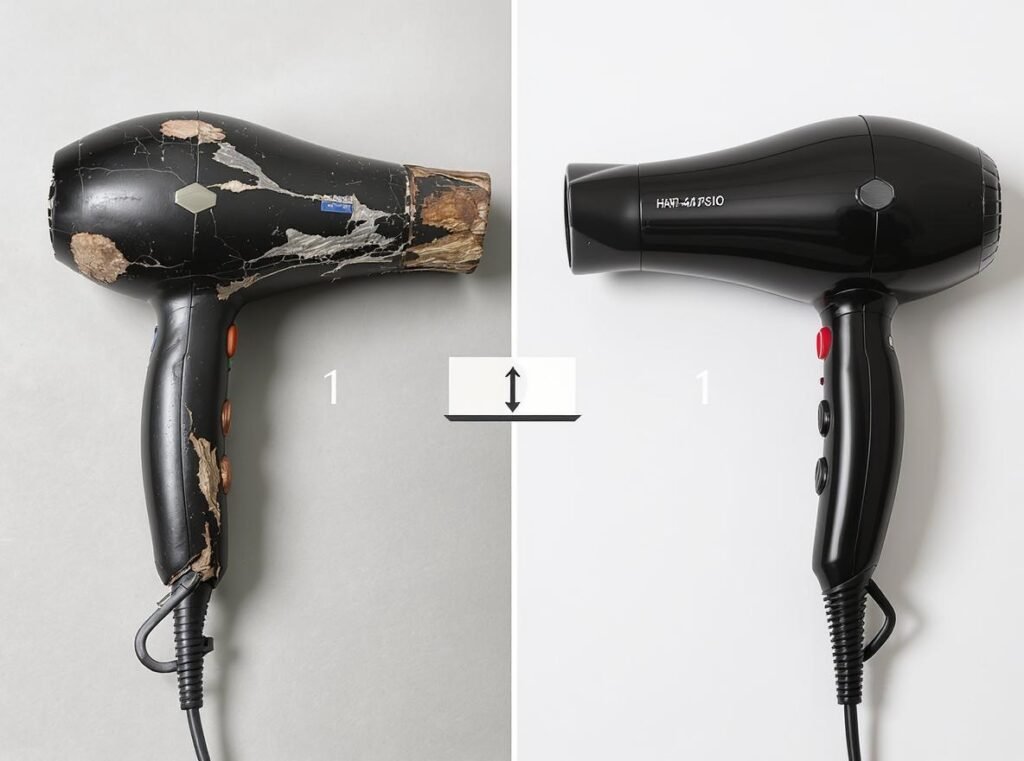 Comparing old damaged hair dryer with new replacement model