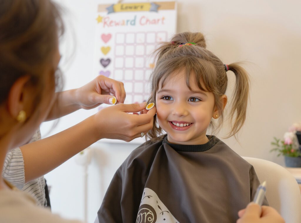 Child receiving positive reinforcement reward after cooperative hair styling