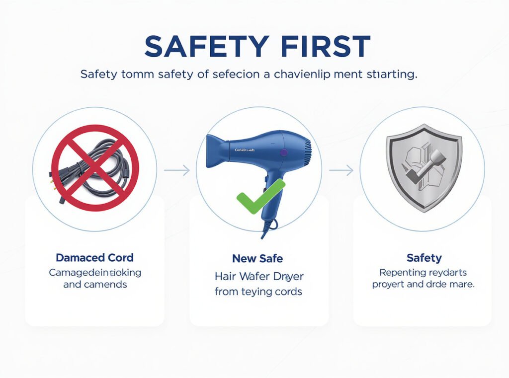 Hair dryer safety summary showing damaged cord dangers and importance of safe replacement