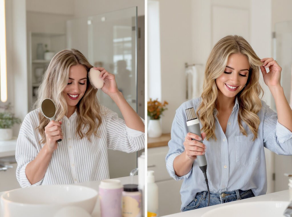 Different lifestyle hair styling routines comparing quick round brush versus detailed curling iron methods