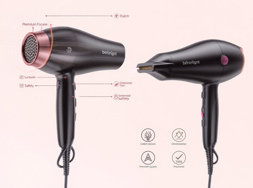 Professional hair dryer with advanced safety features preventing outlet overheating