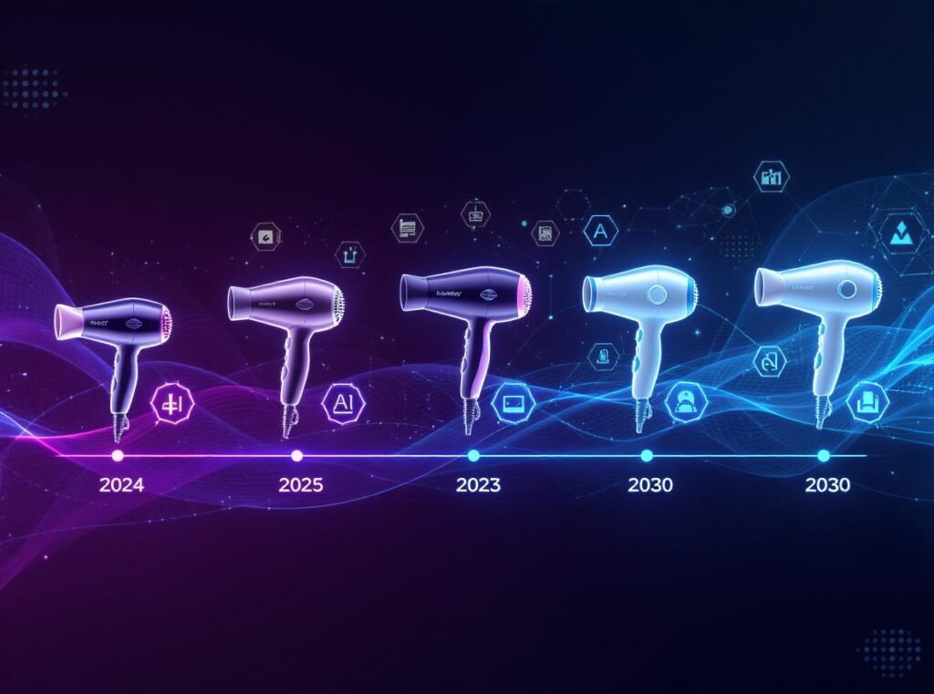 Future hair dryer technology timeline AI IoT sustainability innovation roadmap