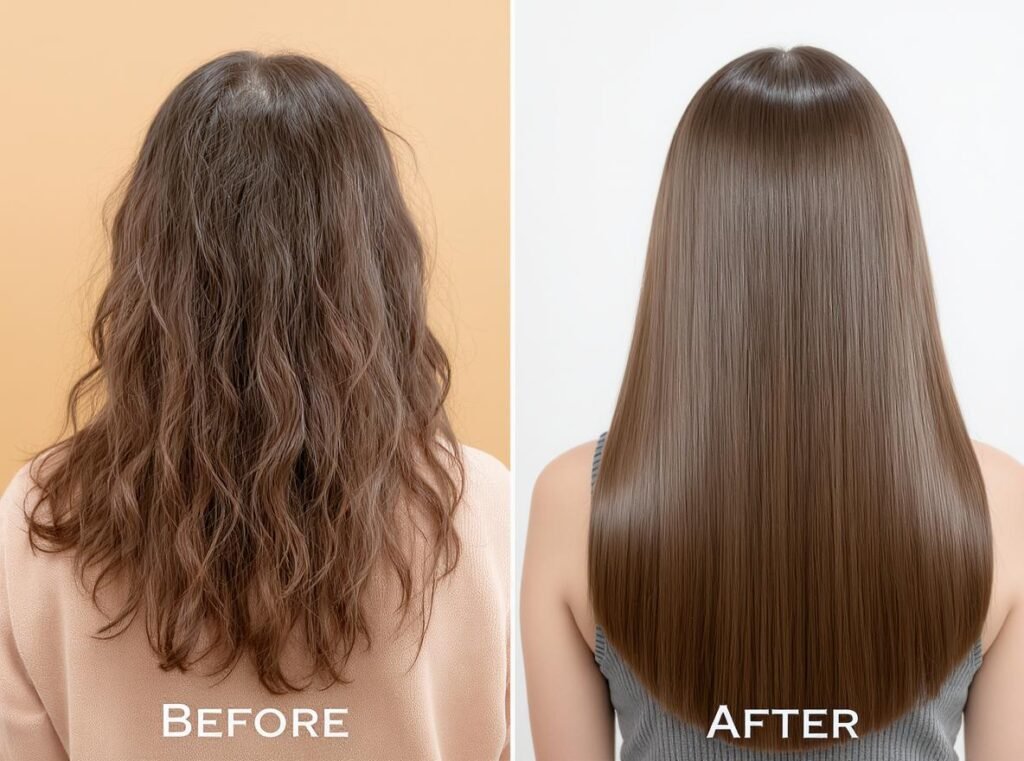 Before and after keratin treatment results showing smooth, frizz-free hair transformation