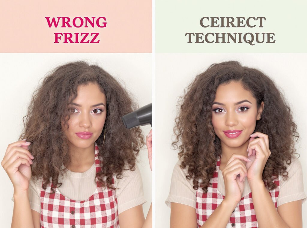 Common diffusing mistakes that cause frizz versus correct technique for defined curls