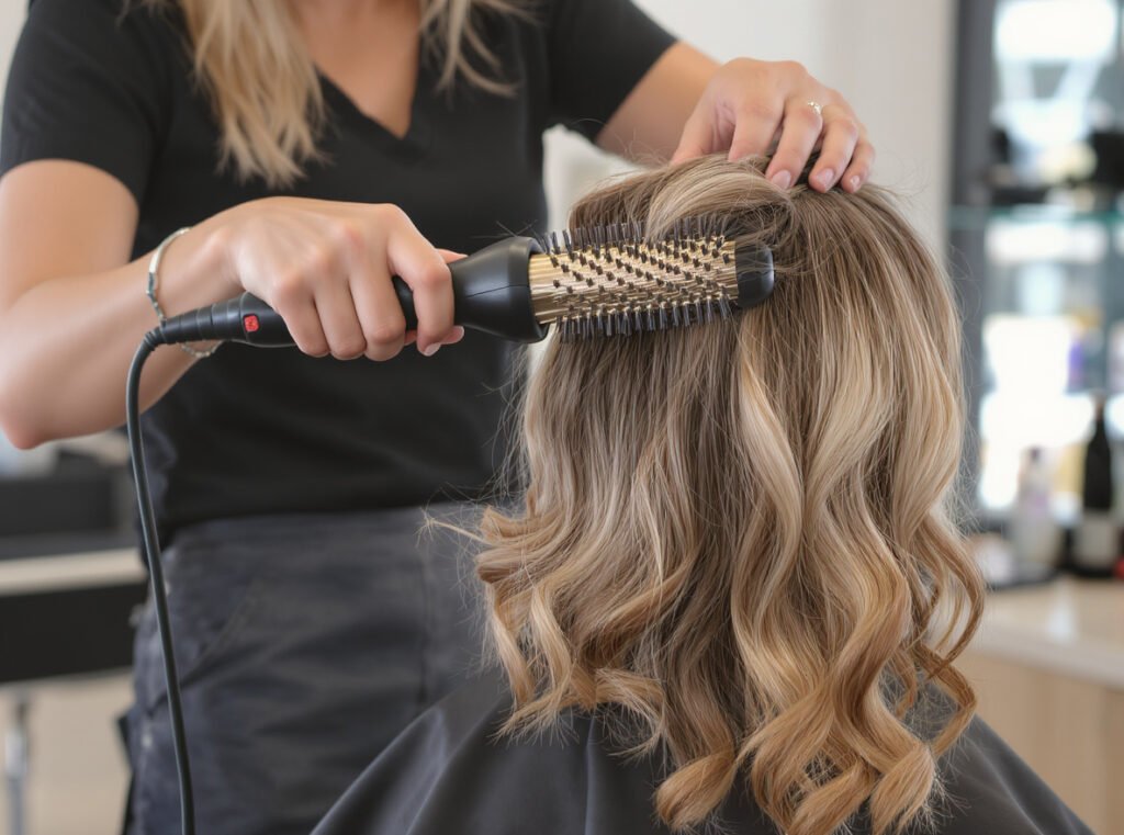 Professional hairstylist using both round brush and curling iron methods together