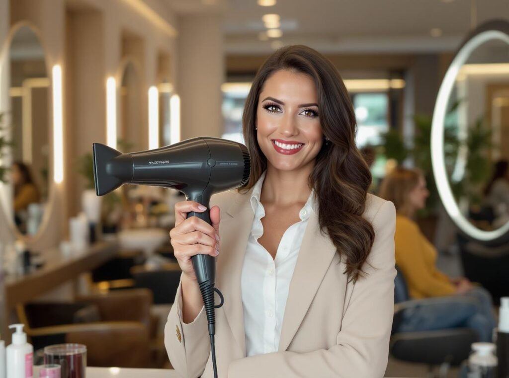 Professional salon success with automatic temperature hair dryer technology and satisfied customers